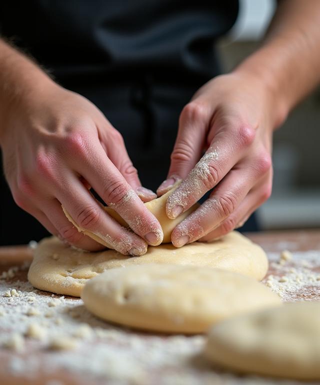장인이 정성스럽게 피자 도우를 반죽하는 모습